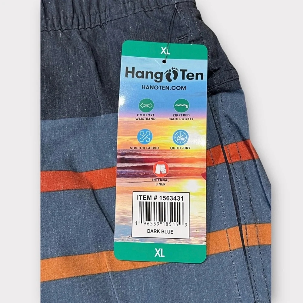 Hang Ten Mens Swim Trunks Dark Blue Striped 9 Inch Inseam XL‎ New With Tags